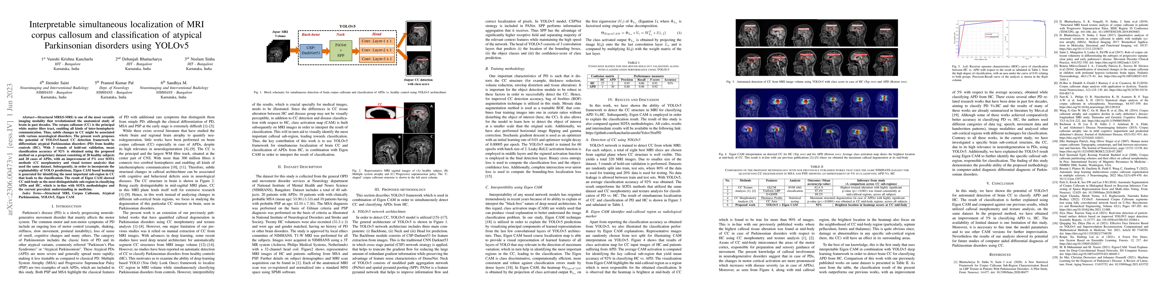 Thumbnail for Interpretable simultaneous localization of MRI corpus callosum and
  classification of atypical Parkinsonian disorders using YOLOv5
