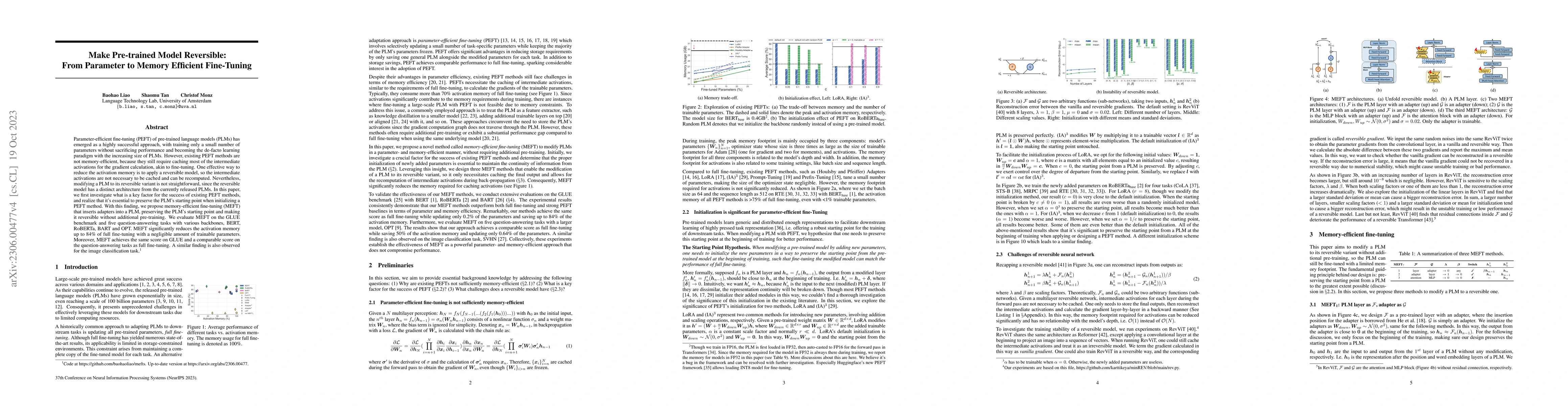 Thumbnail for Make Pre-trained Model Reversible: From Parameter to Memory Efficient
  Fine-Tuning