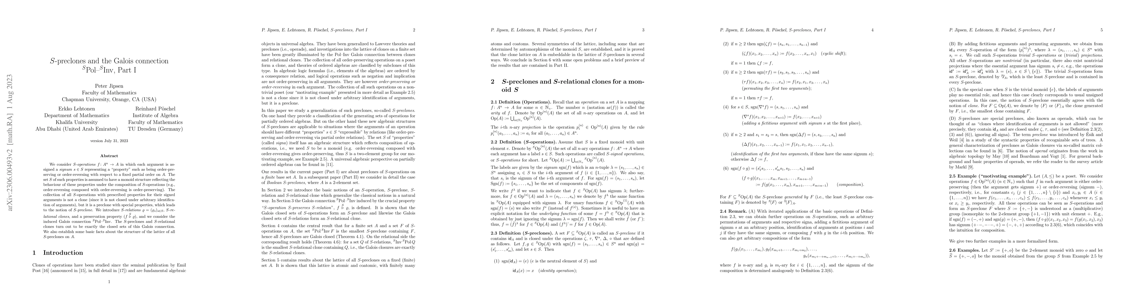 Thumbnail for $S$-preclones and the Galois connection
  ${}^S\mathrm{Pol}$-${}^S\mathrm{Inv}$, Part I