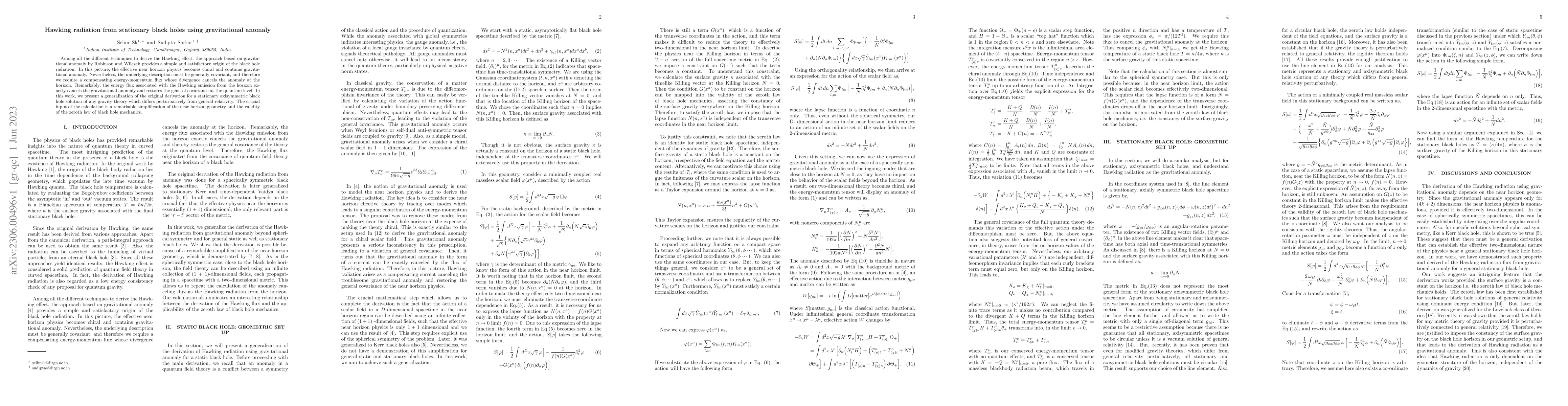 Thumbnail for Hawking radiation from stationary black holes using gravitational
  anomaly