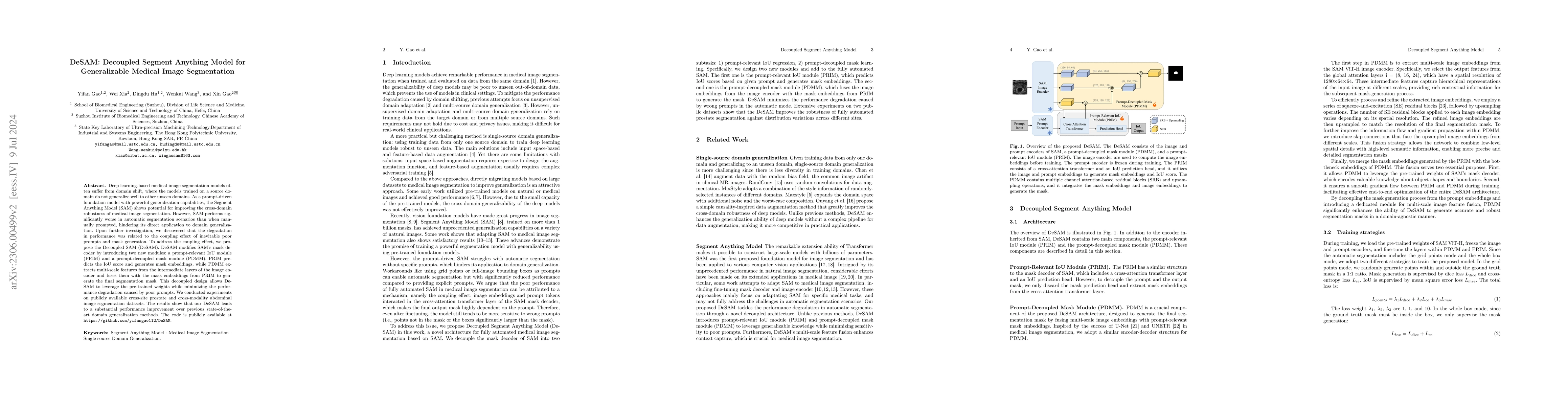 Thumbnail for DeSAM: Decoupled Segment Anything Model for Generalizable Medical Image
  Segmentation