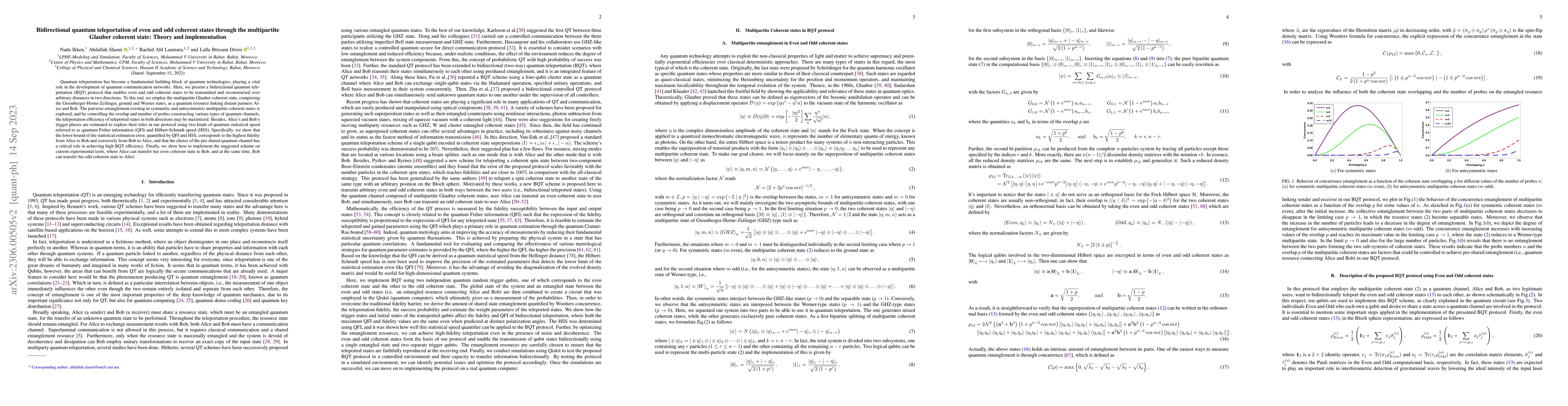 Thumbnail for Bidirectional quantum teleportation of even and odd coherent states
  through the multipartite Glauber coherent state: Theory and implementation