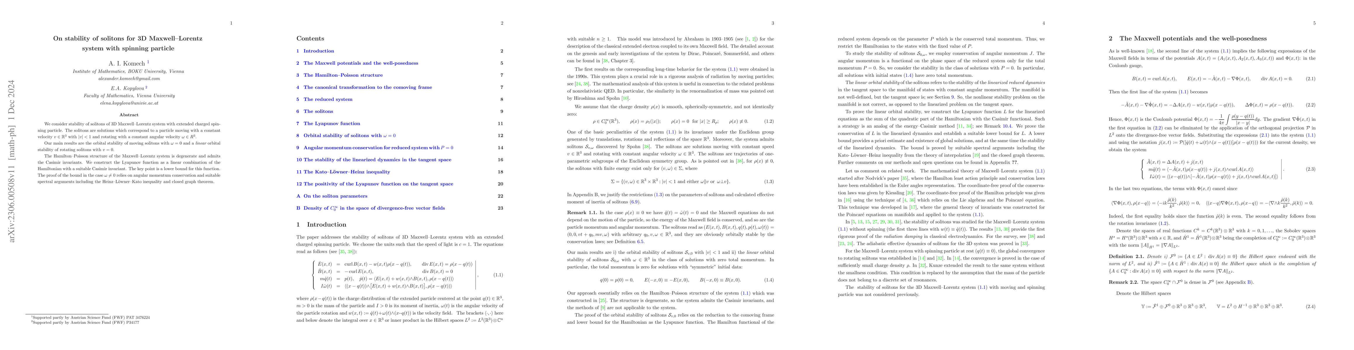 Thumbnail for On stability of solitons for 3D Maxwell-Lorentz equations with spinning
  particle