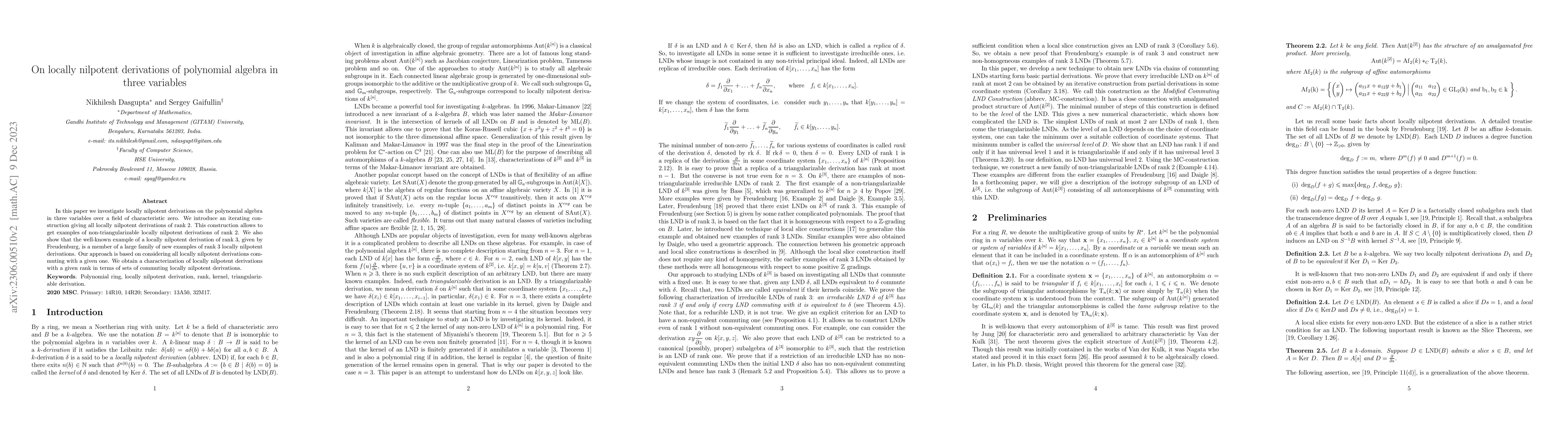Thumbnail for On locally nilpotent derivations of polynomial algebra in three
  variables