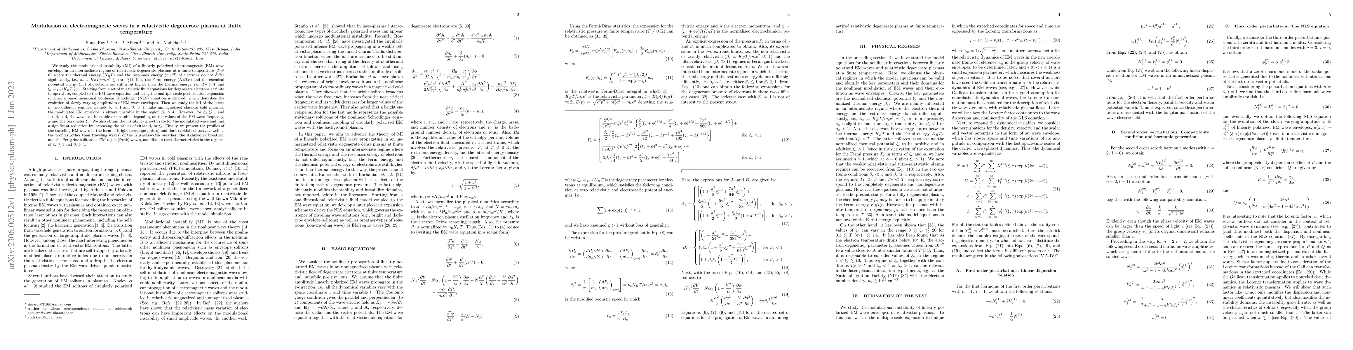 Thumbnail for Modulation of electromagnetic waves in a relativistic degenerate plasma
  at finite temperature