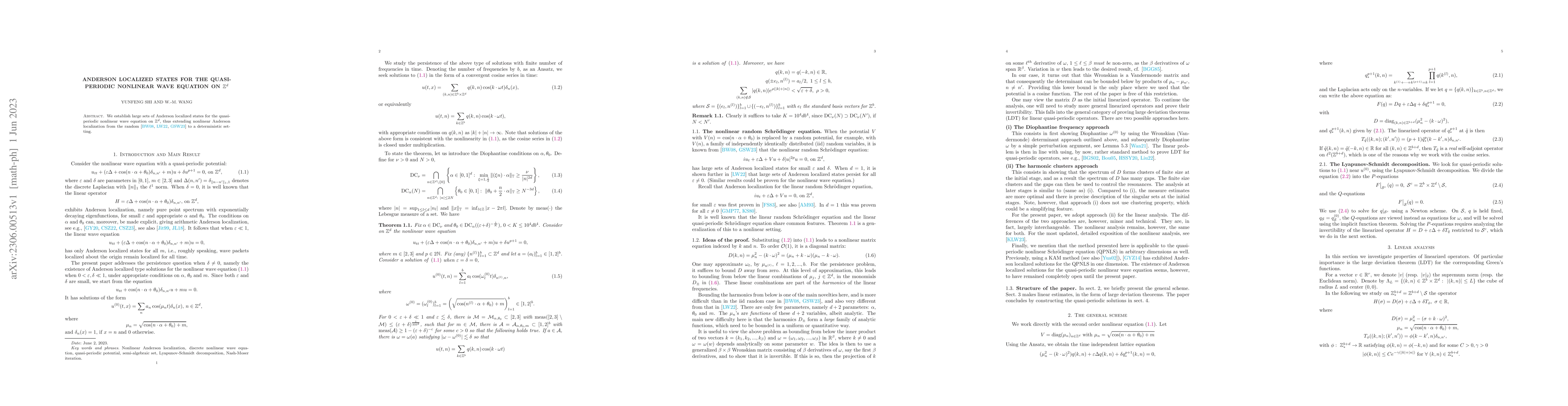 Thumbnail for Anderson localized states for the quasi-periodic nonlinear wave equation
  on $\mathbb Z^d$