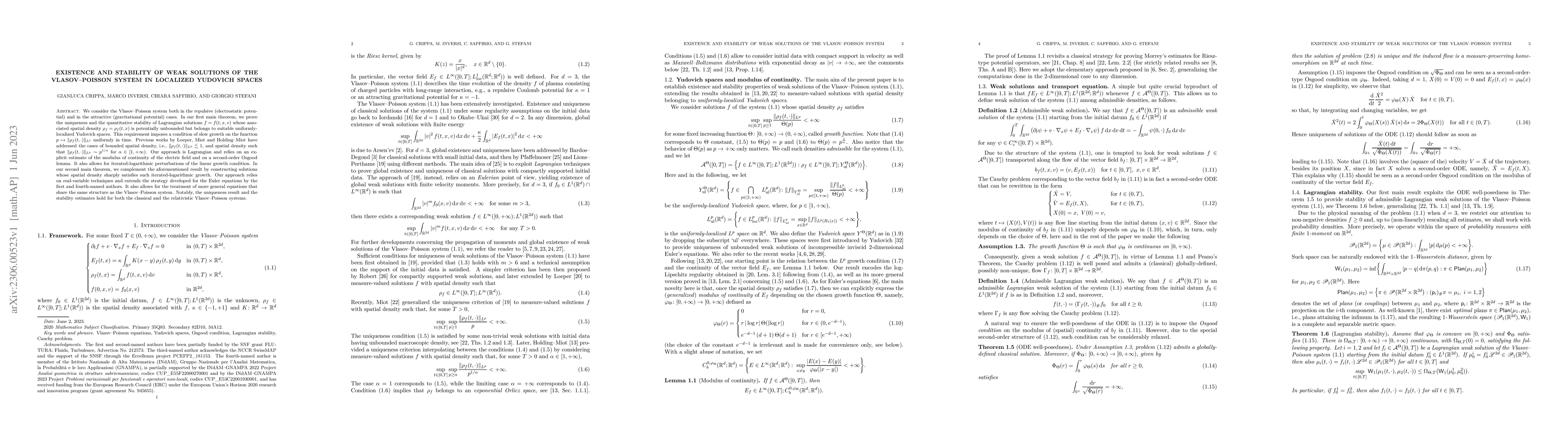 Thumbnail for Existence and stability of weak solutions of the Vlasov--Poisson system
  in localized Yudovich spaces