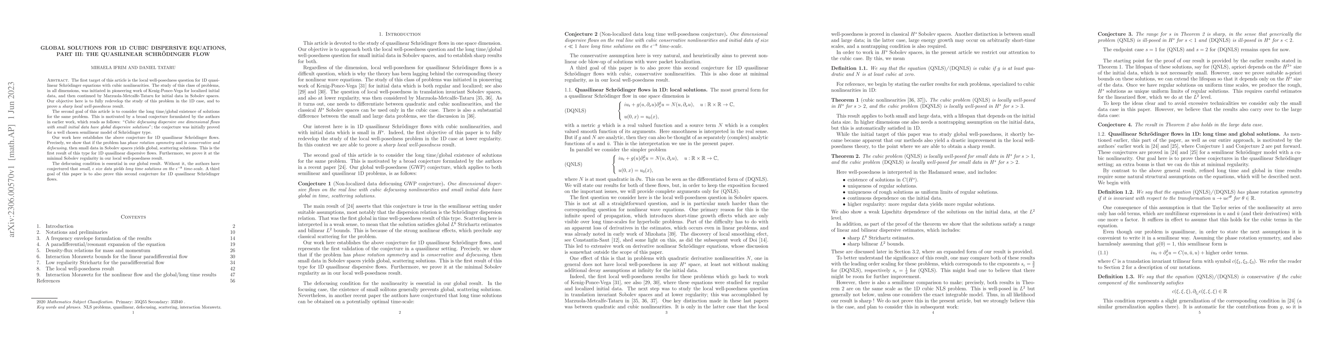 Thumbnail for Global solutions for 1D cubic dispersive equations, Part III: the
  quasilinear Schr\"odinger flow