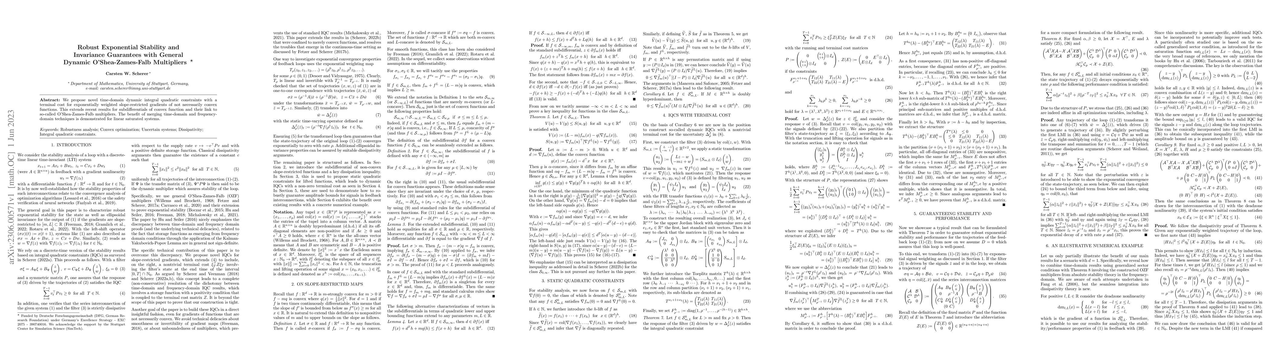 Thumbnail for Robust Exponential Stability and Invariance Guarantees with General
  Dynamic O'Shea-Zames-Falb Multipliers