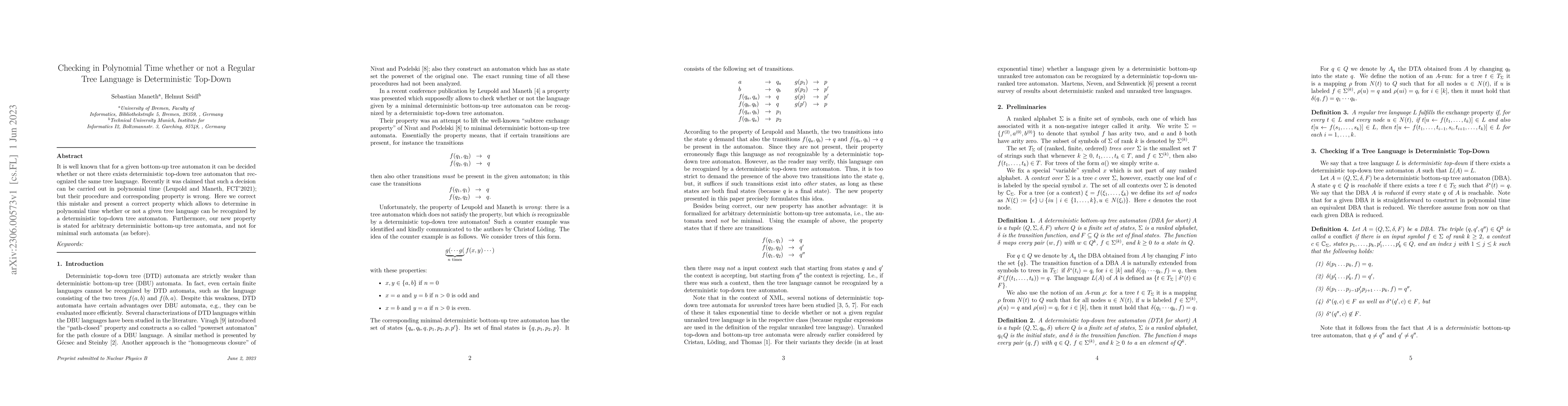 Thumbnail for Checking in Polynomial Time whether or not a Regular Tree Language is
  Deterministic Top-Down