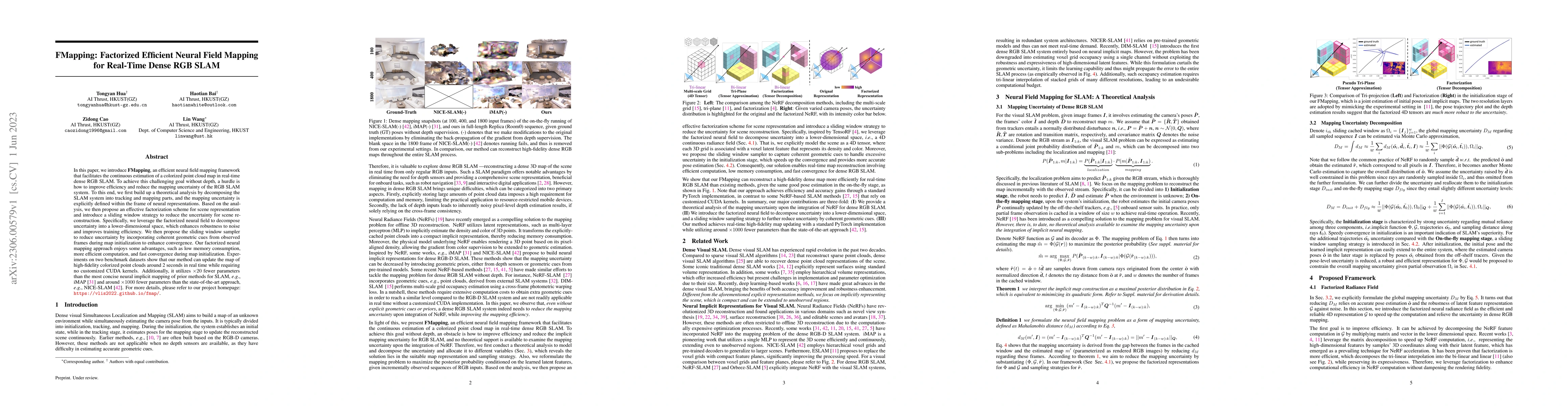 Thumbnail for FMapping: Factorized Efficient Neural Field Mapping for Real-Time Dense
  RGB SLAM