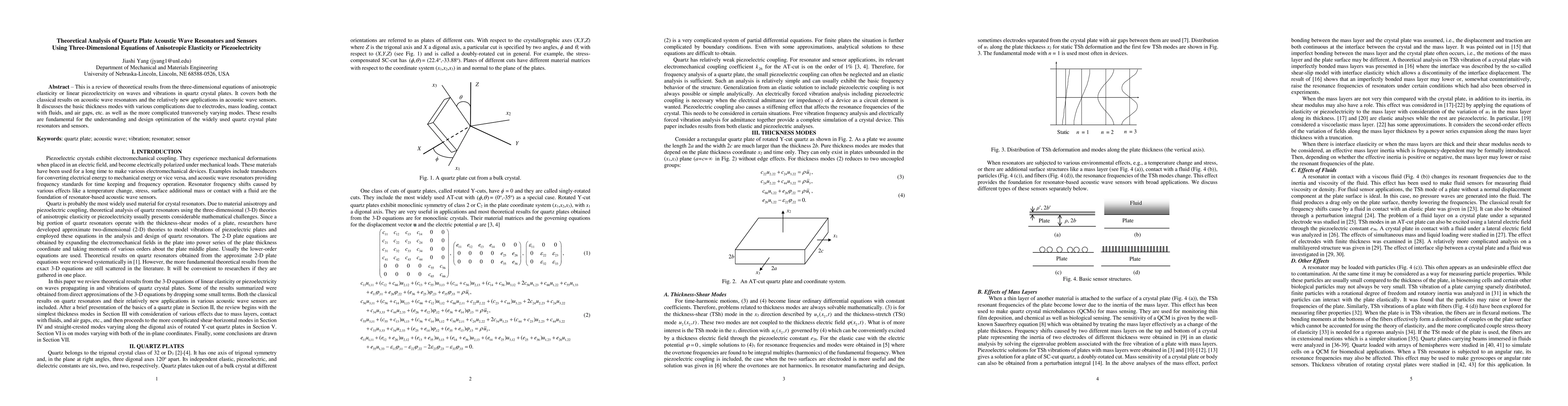 Thumbnail for Theoretical Analysis of Quartz Plate Acoustic Wave Resonators and
  Sensors Using Three-Dimensional Equations of Anisotropic Elasticity or
  Piezoelectricity
