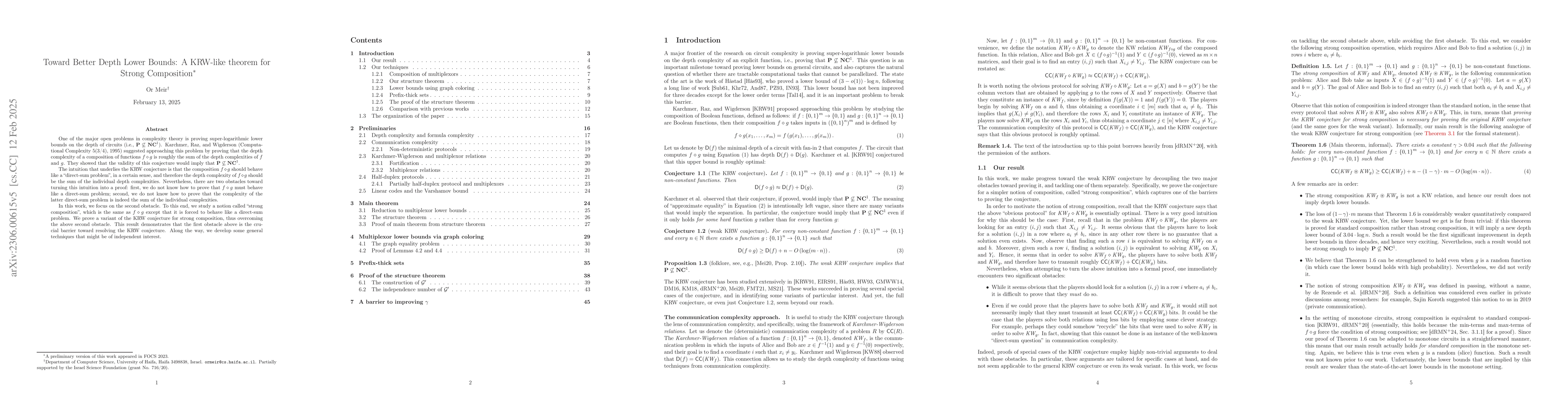 Thumbnail for Toward Better Depth Lower Bounds: A KRW-like theorem for Strong
  Composition