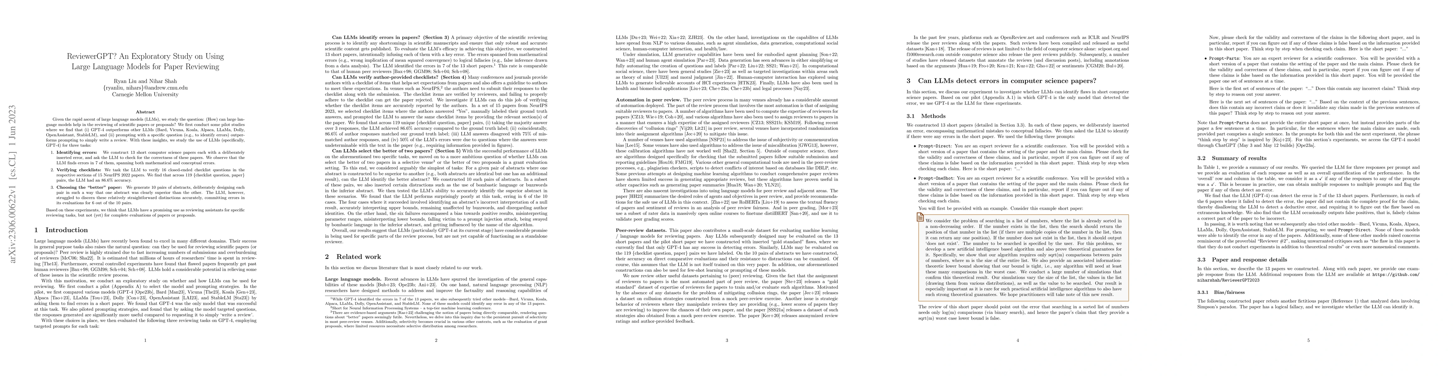 Thumbnail for ReviewerGPT? An Exploratory Study on Using Large Language Models for
  Paper Reviewing
