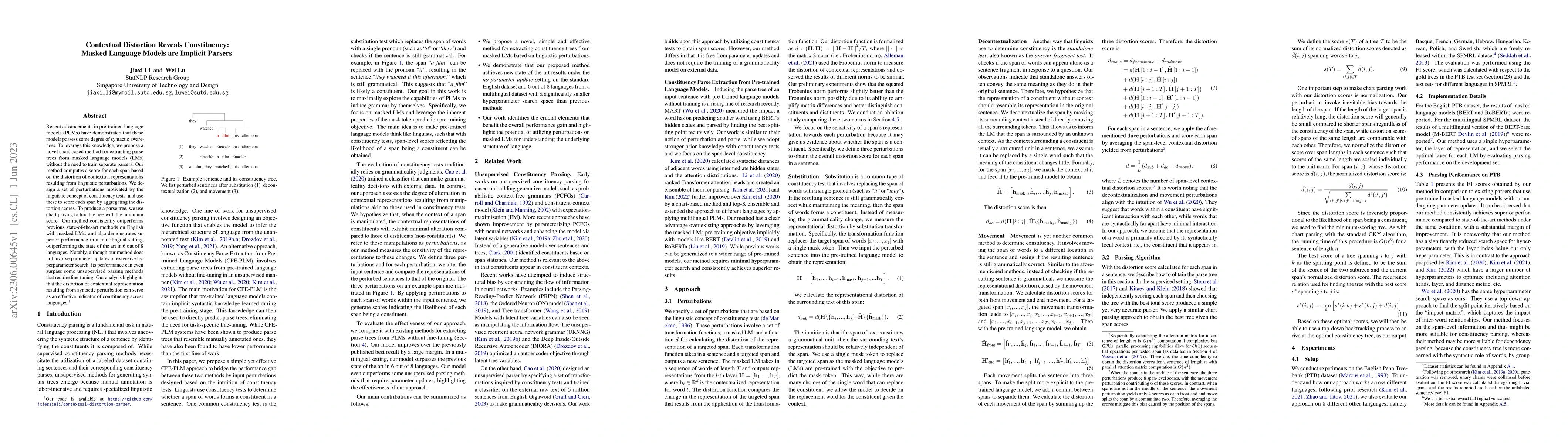Thumbnail for Contextual Distortion Reveals Constituency: Masked Language Models are
  Implicit Parsers