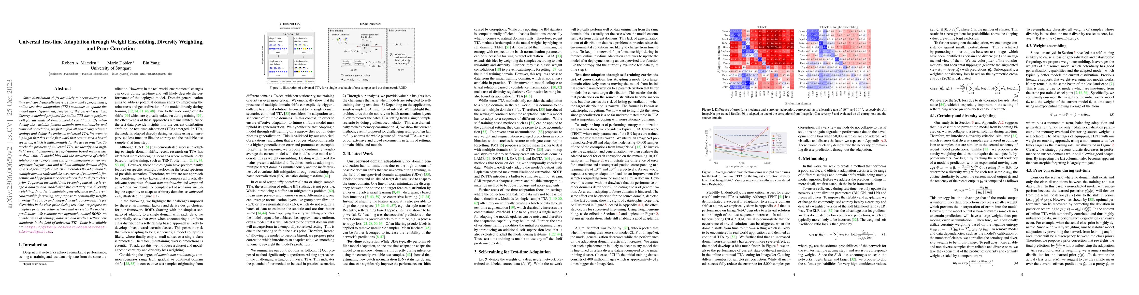 Thumbnail for Universal Test-time Adaptation through Weight Ensembling, Diversity
  Weighting, and Prior Correction