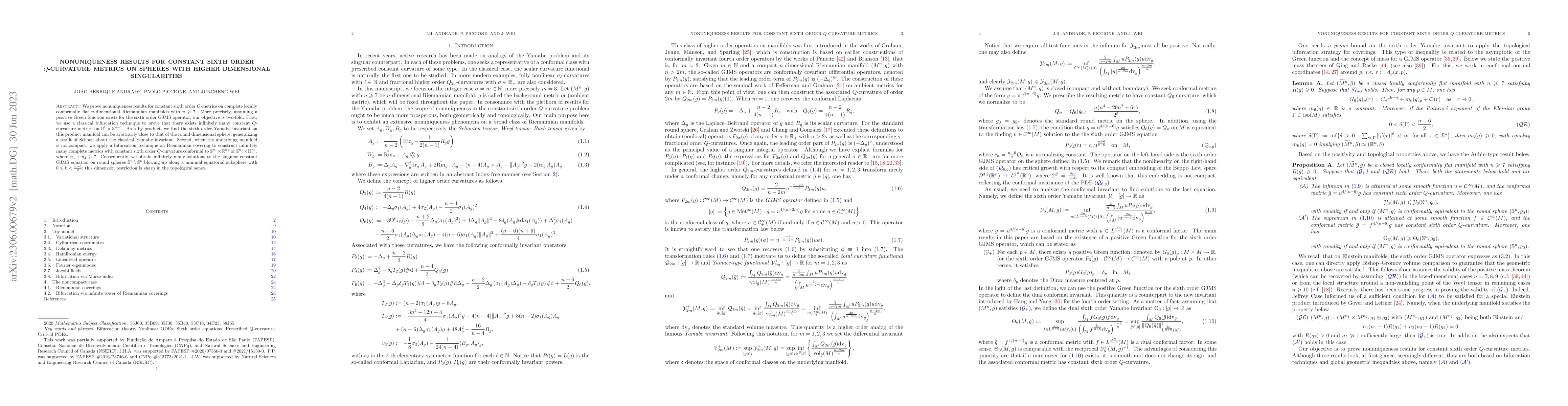 Thumbnail for Nonuniqueness results for constant sixth order $Q$-curvature metrics on
  spheres with higher dimensional singularities