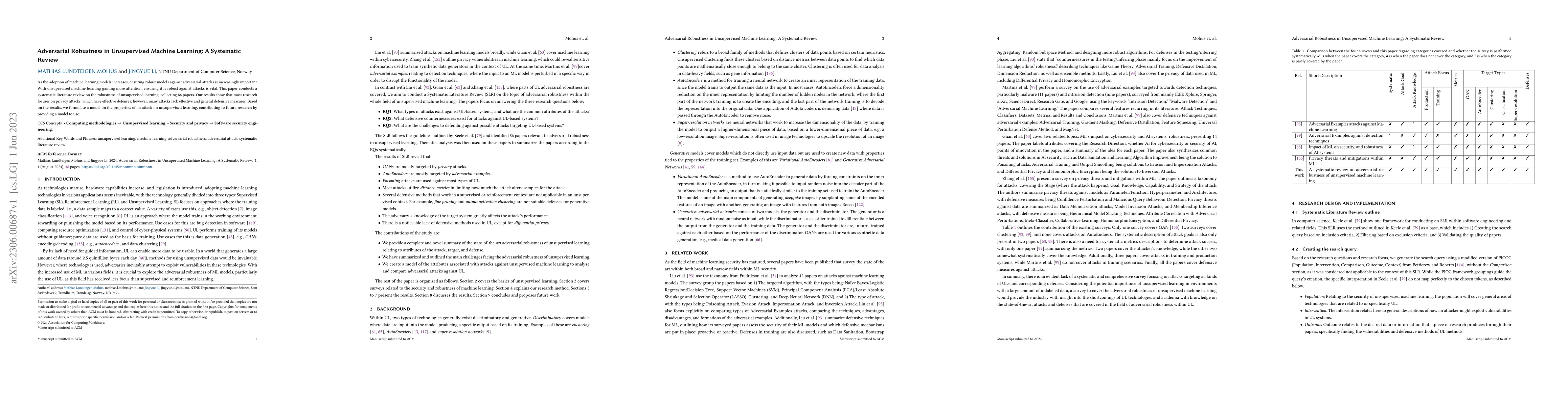 Thumbnail for Adversarial Robustness in Unsupervised Machine Learning: A Systematic
  Review