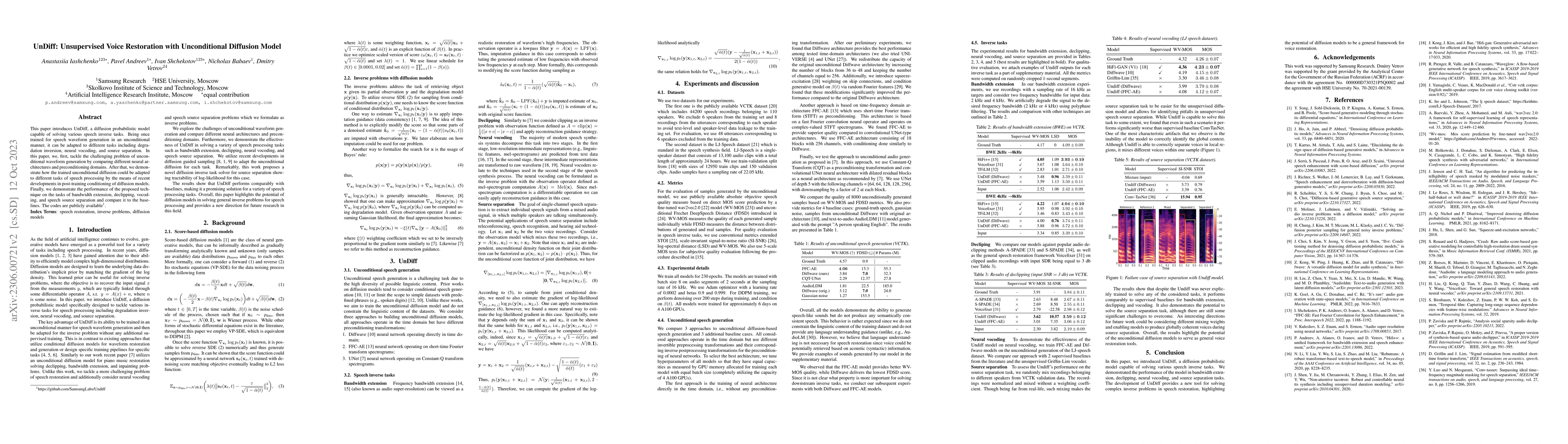 Thumbnail for UnDiff: Unsupervised Voice Restoration with Unconditional Diffusion
  Model