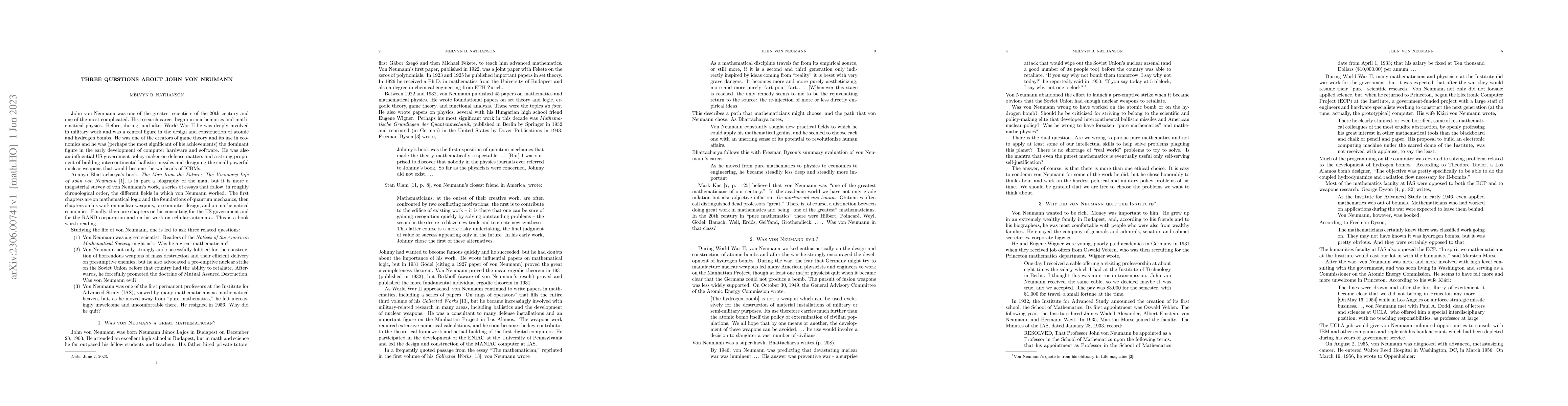 Thumbnail for Three questions about John von Neumann