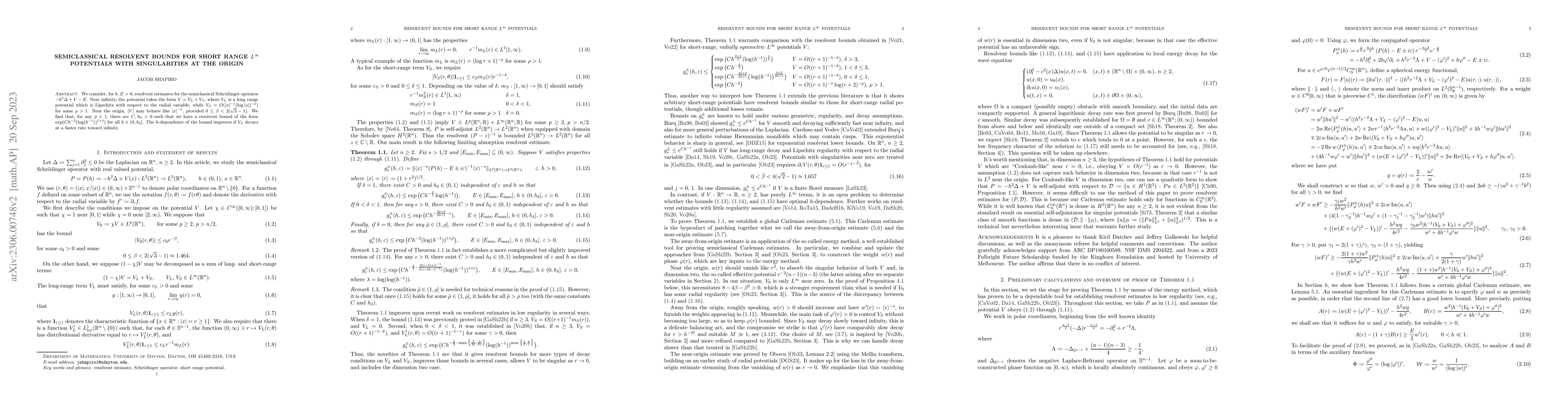 Thumbnail for Semiclassical resolvent bounds for short range $L^\infty$ potentials
  with singularities at the origin