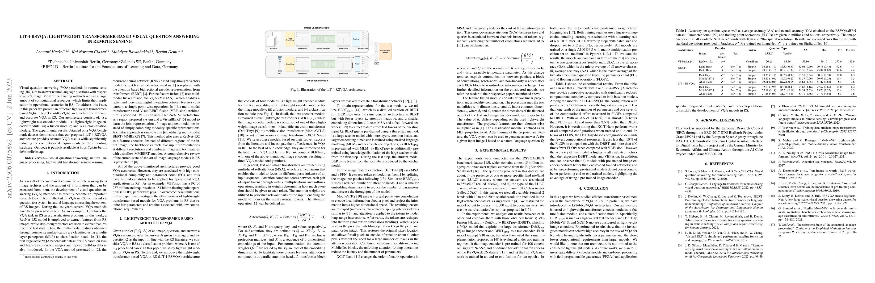 Thumbnail for LiT-4-RSVQA: Lightweight Transformer-based Visual Question Answering in
  Remote Sensing