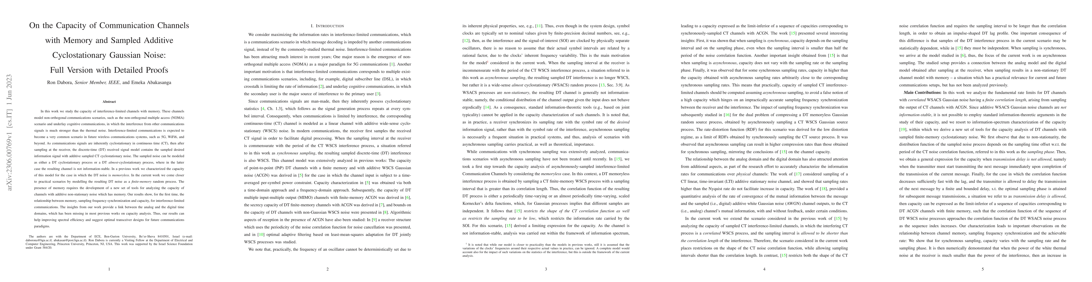 Thumbnail for On the Capacity of Communication Channels with Memory and Sampled
  Additive Cyclostationary Gaussian Noise: Full Version with Detailed Proofs
