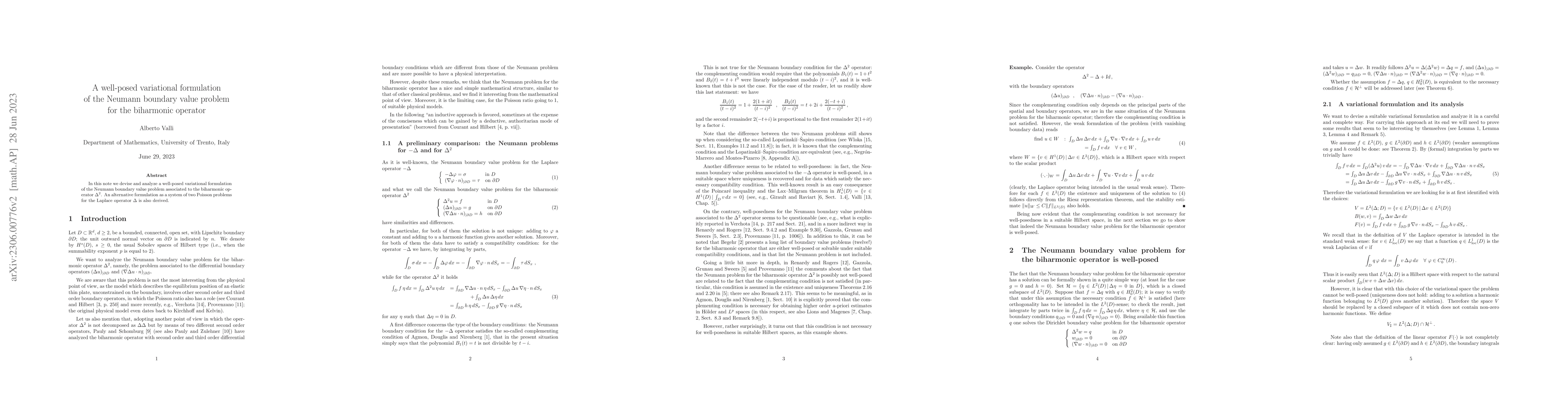 Thumbnail for A well-posed variational formulation of the Neumann boundary value
  problem for the biharmonic operator