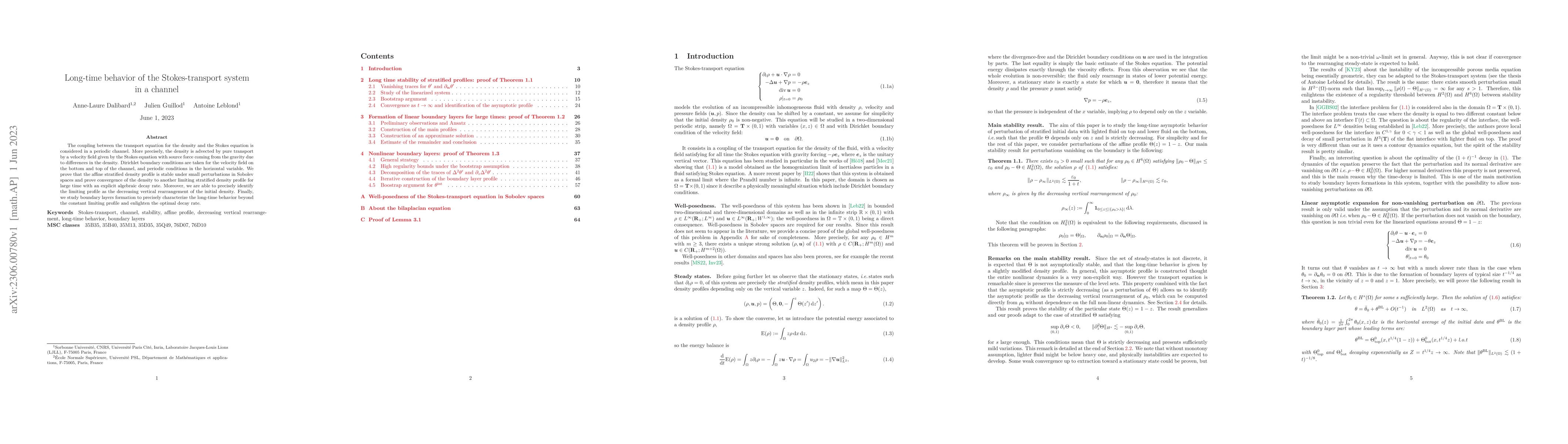 Thumbnail for Long-time behavior of the Stokes-transport system in a channel