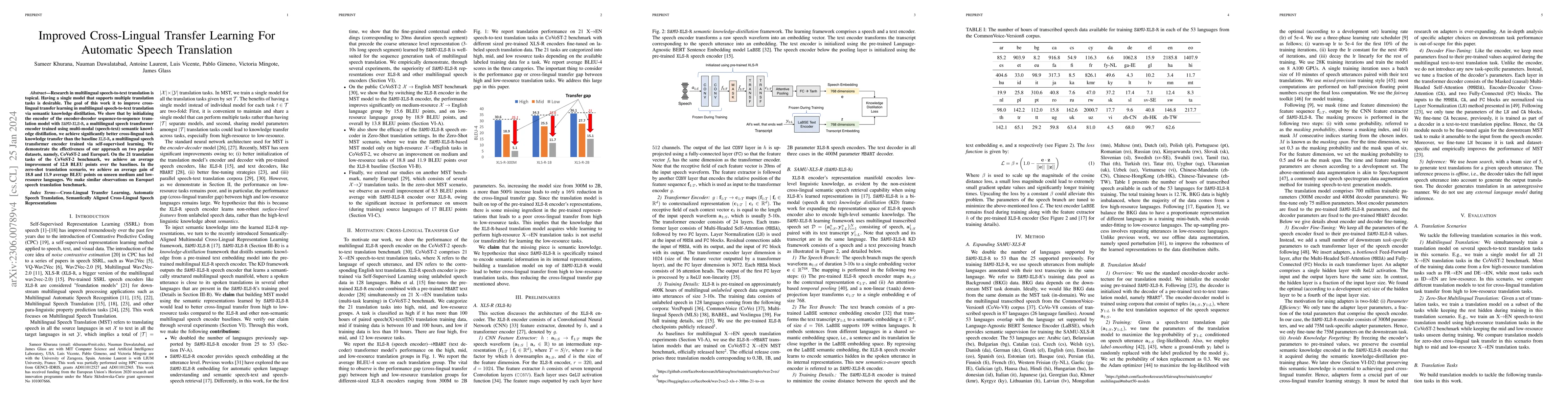 Thumbnail for Improved Cross-Lingual Transfer Learning For Automatic Speech
  Translation