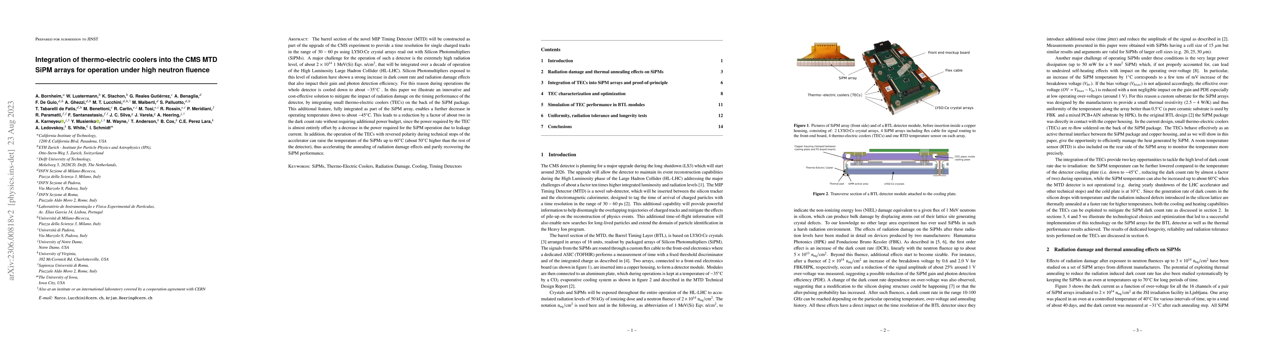 Thumbnail for Integration of thermo-electric coolers into the CMS MTD SiPM arrays for
  operation under high neutron fluence