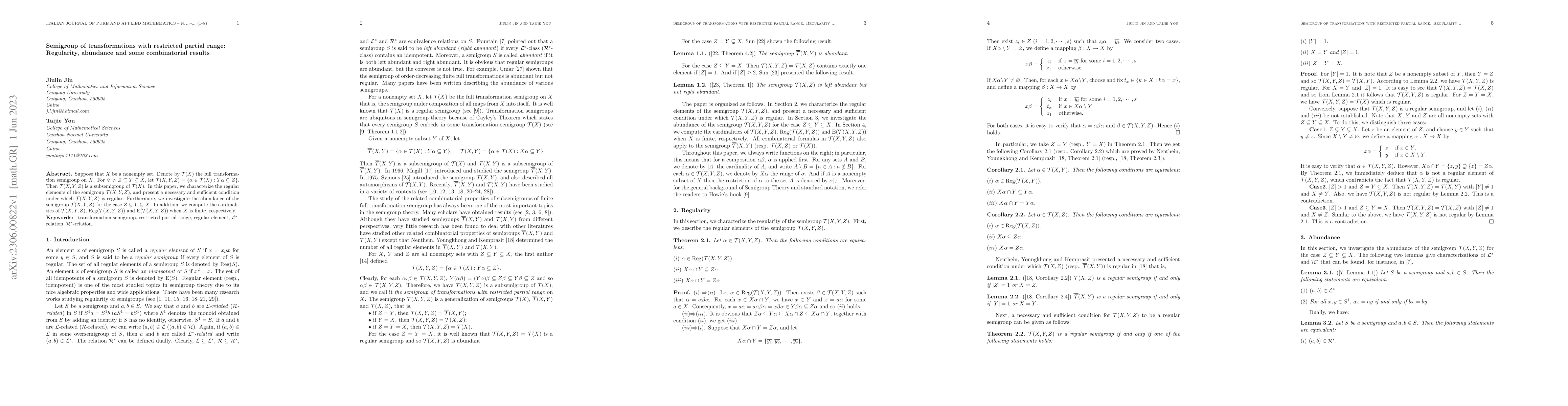 Thumbnail for Semigroup of transformations with restricted partial range: Regularity,
  abundance and some combinatorial results