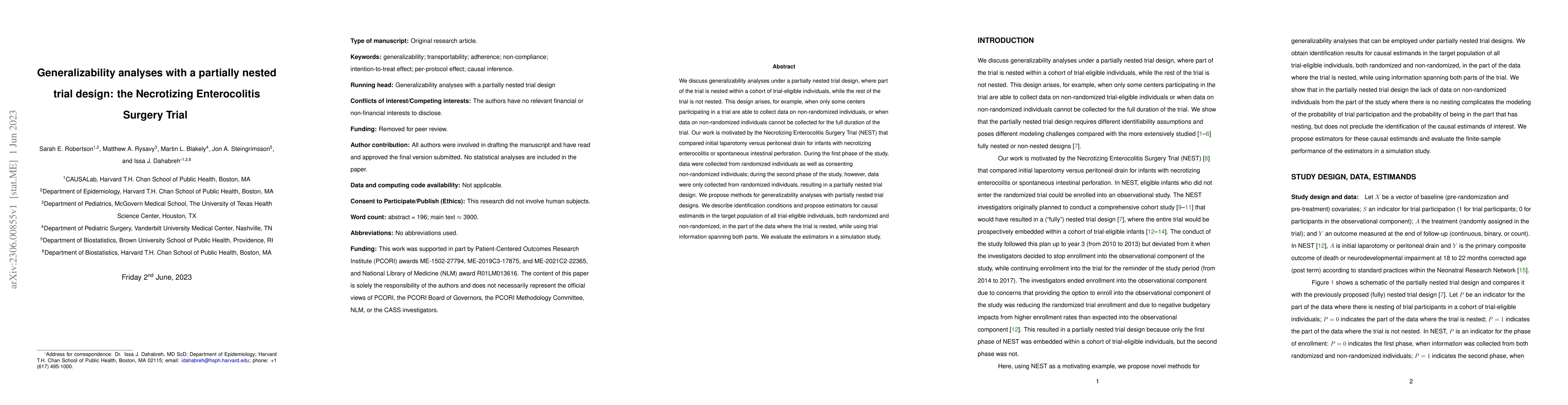 Thumbnail for Generalizability analyses with a partially nested trial design: the
  Necrotizing Enterocolitis Surgery Trial