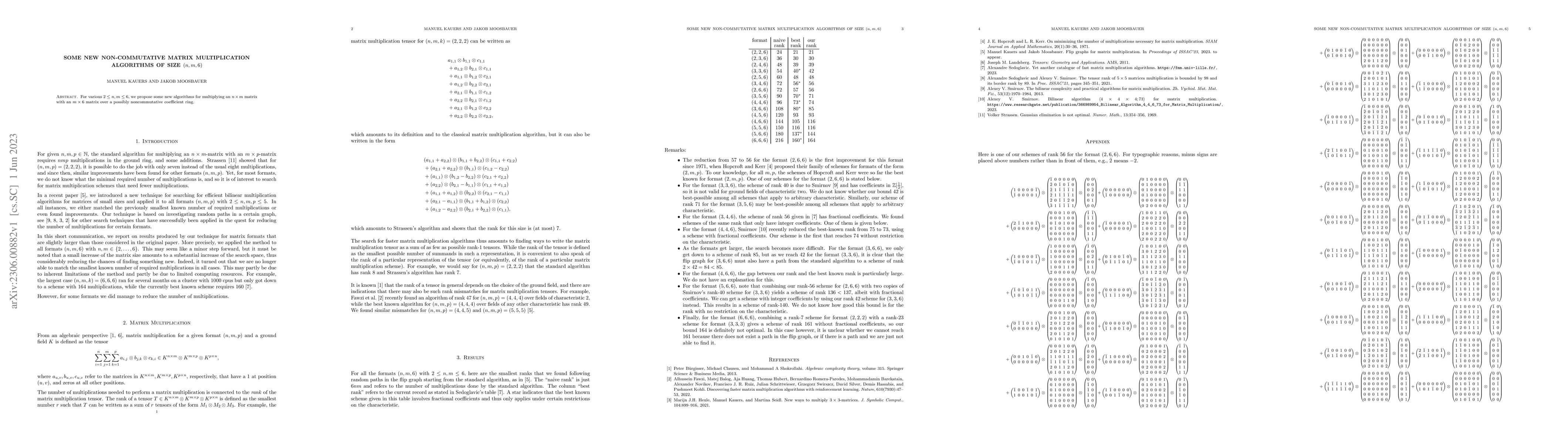 Thumbnail for Some New Non-Commutative Matrix Multiplication Algorithms of Size
  $(n,m,6)$
