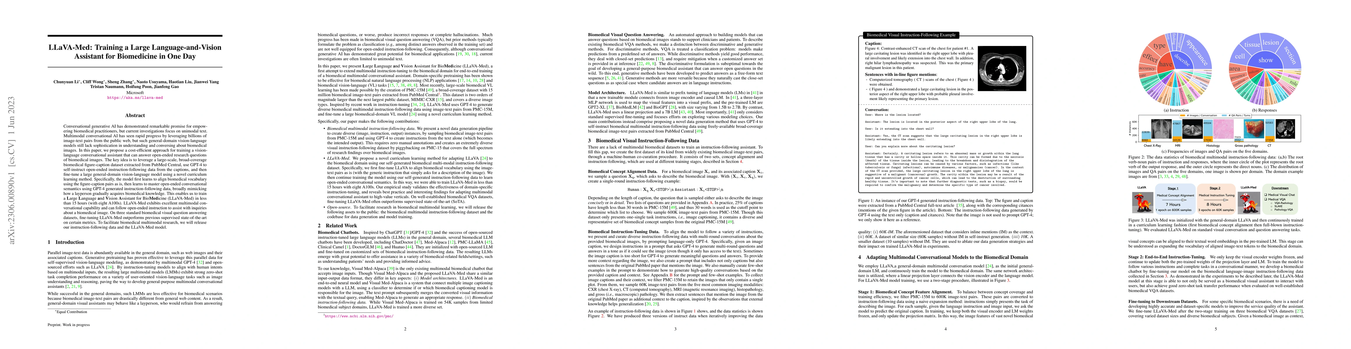 Thumbnail for LLaVA-Med: Training a Large Language-and-Vision Assistant for
  Biomedicine in One Day