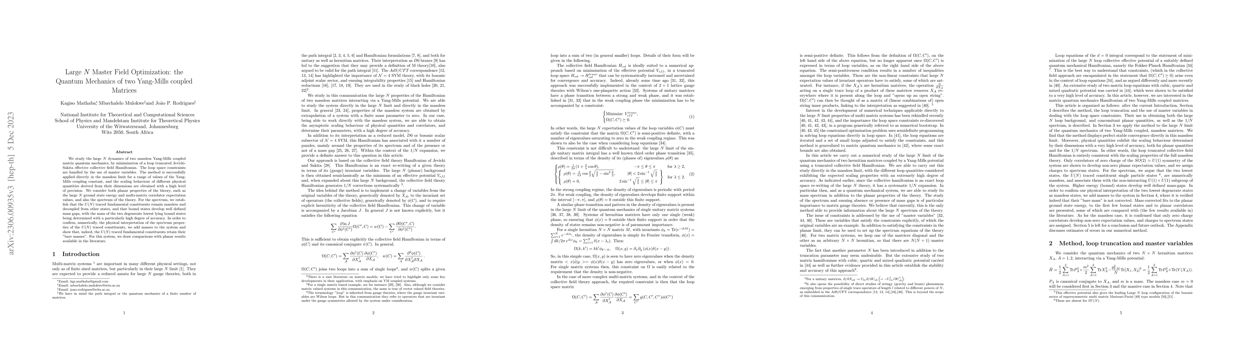 Thumbnail for Large N Master Field Optimization: the Quantum Mechanics of two
  Yang-Mills coupled Matrices
