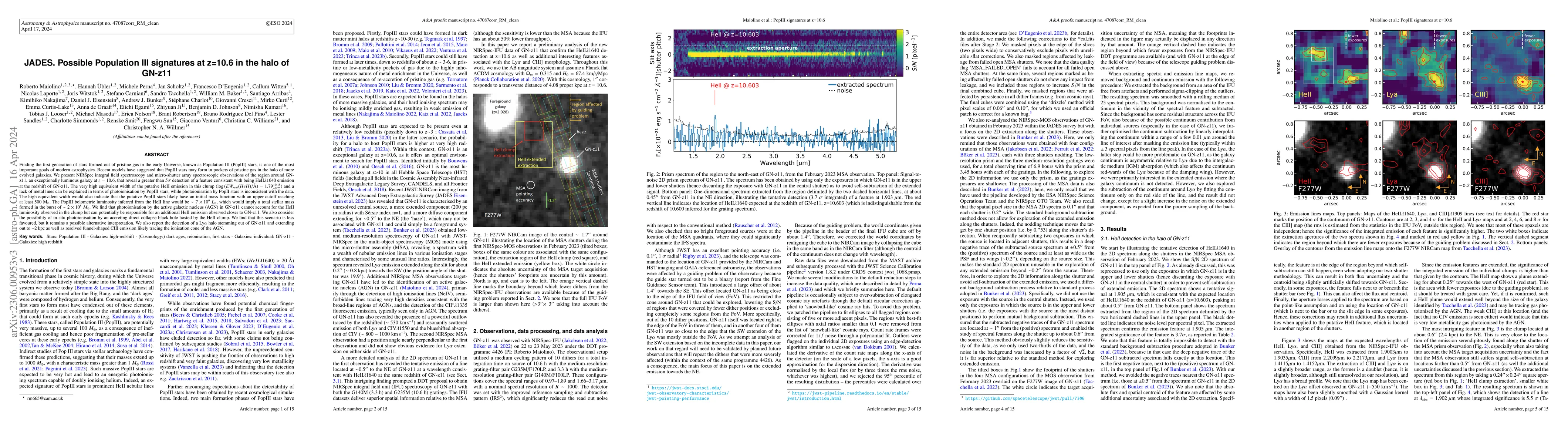 Thumbnail for JWST-JADES. Possible Population III signatures at z=10.6 in the halo of
  GN-z11