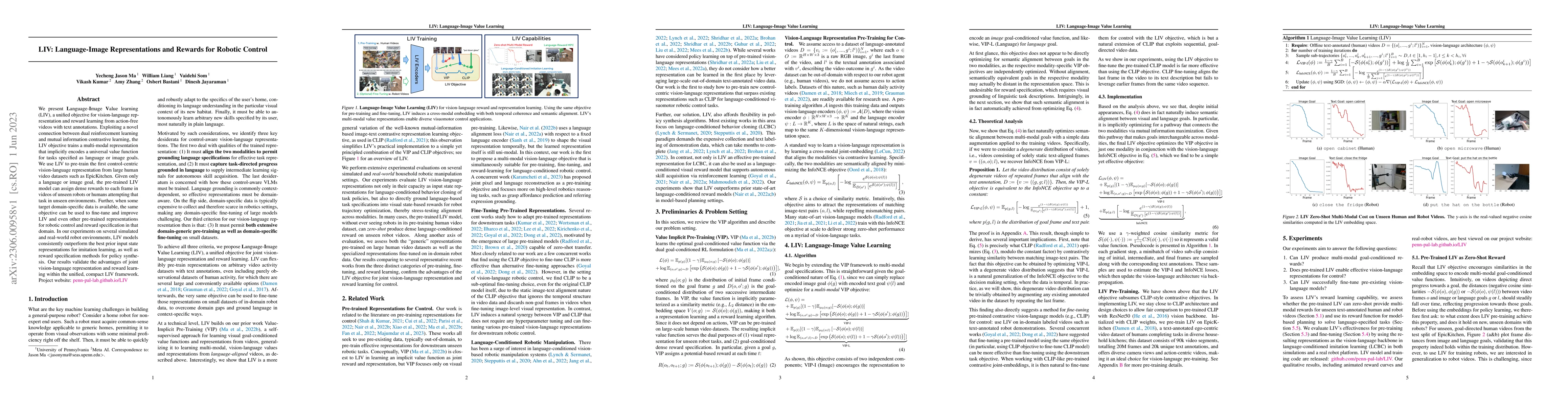 Thumbnail for LIV: Language-Image Representations and Rewards for Robotic Control