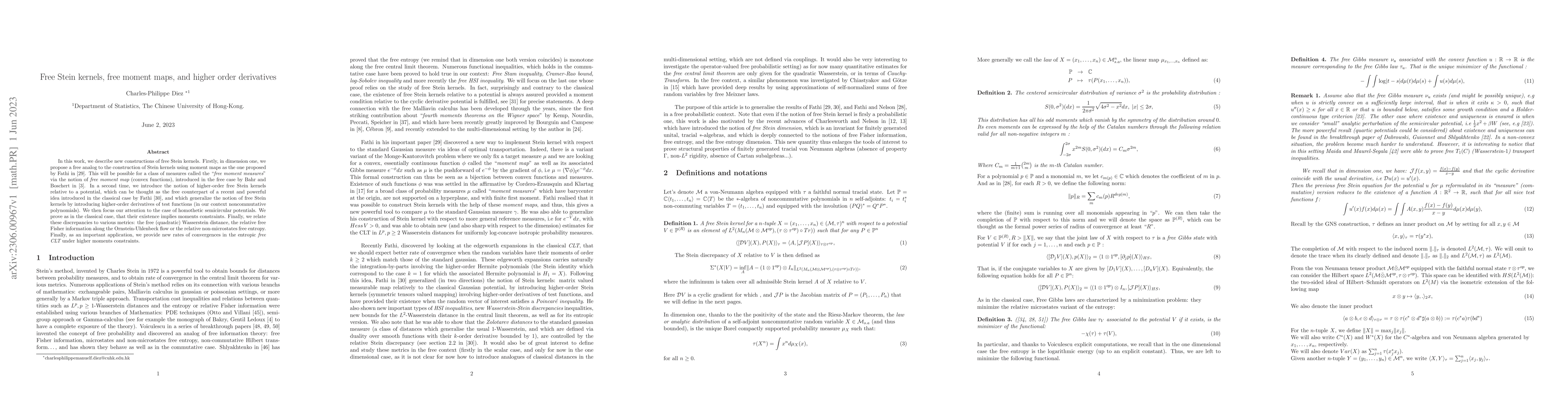 Thumbnail for Free Stein kernels, free moment maps, and higher order derivatives