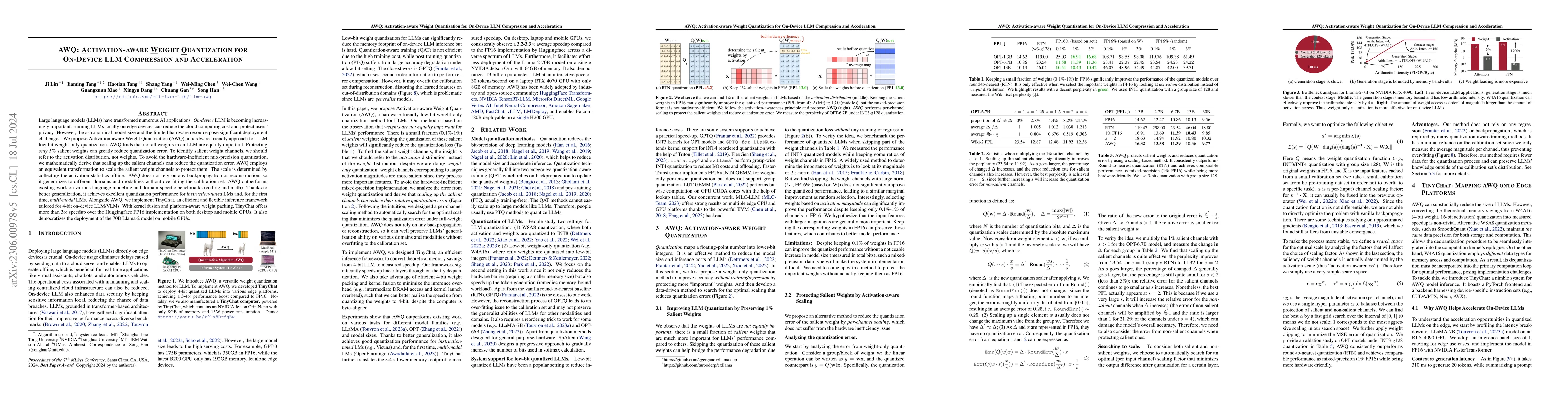 Thumbnail for AWQ: Activation-aware Weight Quantization for LLM Compression and
  Acceleration