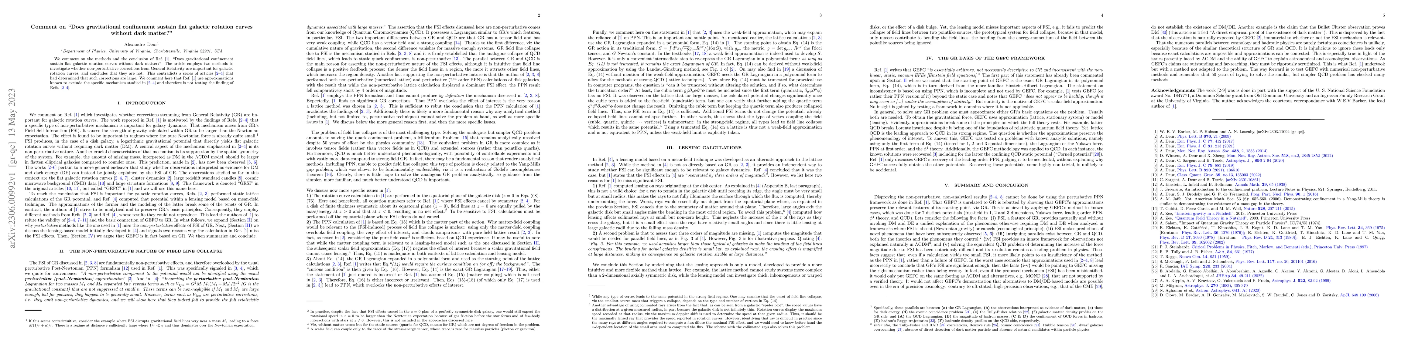 Thumbnail for Comment on "Does gravitational confinement sustain flat galactic
  rotation curves without dark matter?''