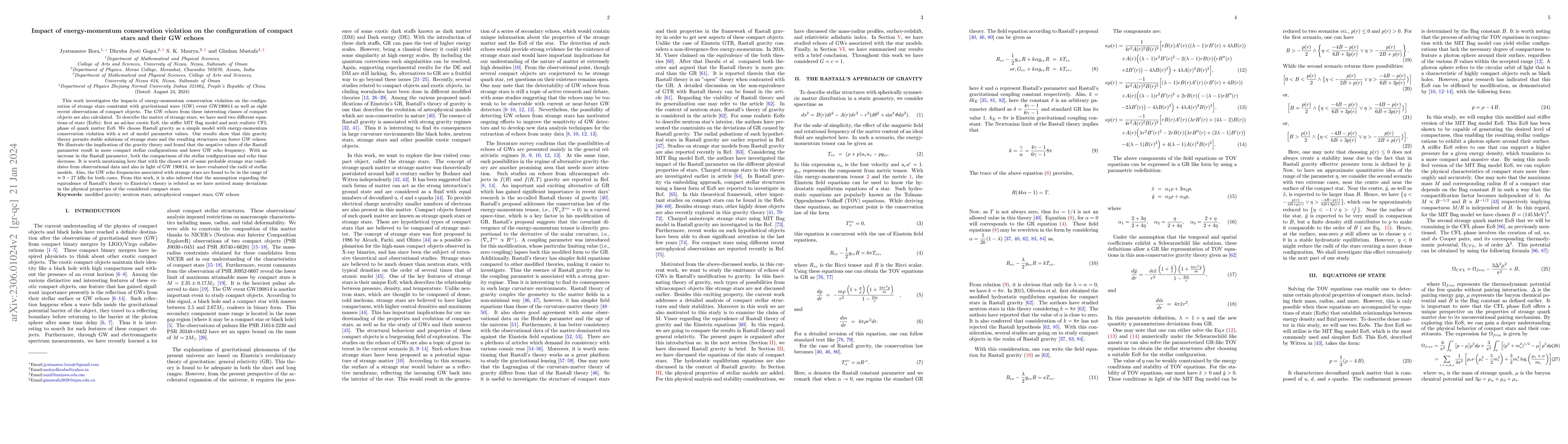 Thumbnail for Impact of energy-momentum conservation violation on the configuration of
  compact stars and their GW echoes