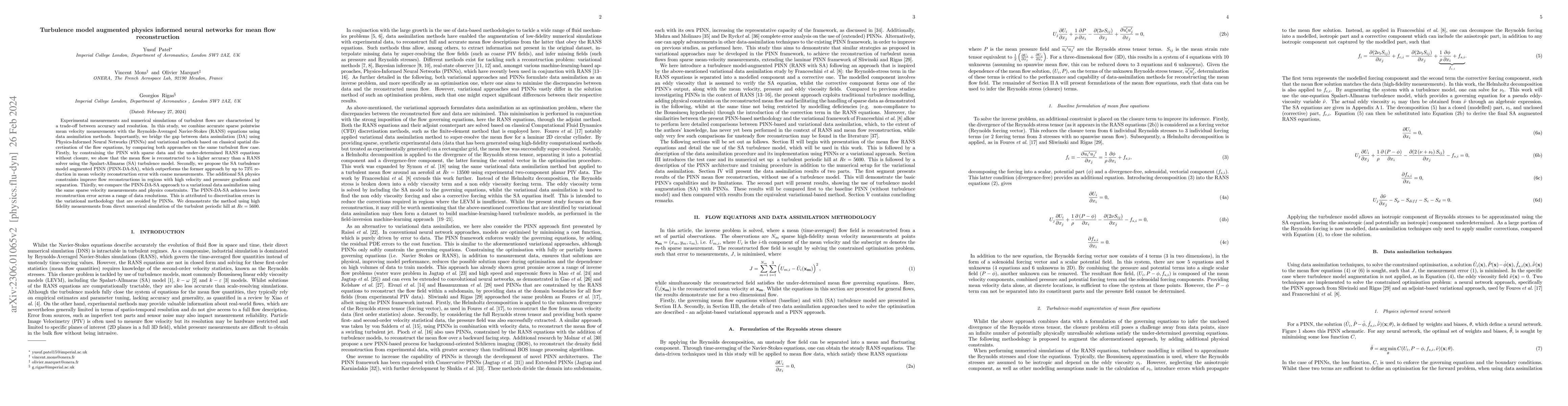 Thumbnail for Turbulence model augmented physics informed neural networks for mean
  flow reconstruction