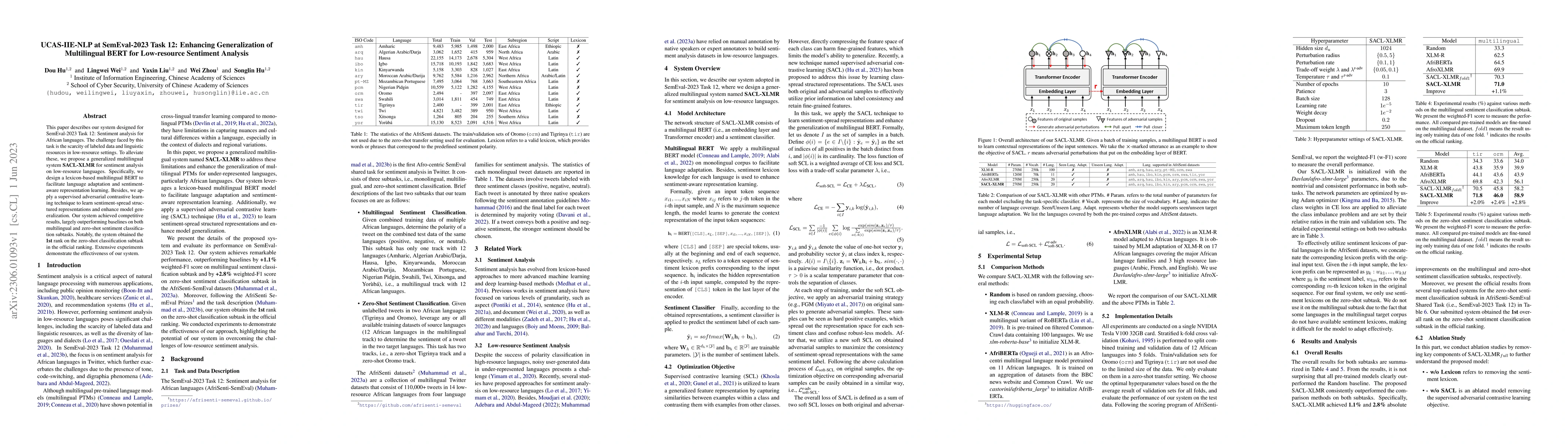 Thumbnail for UCAS-IIE-NLP at SemEval-2023 Task 12: Enhancing Generalization of
  Multilingual BERT for Low-resource Sentiment Analysis