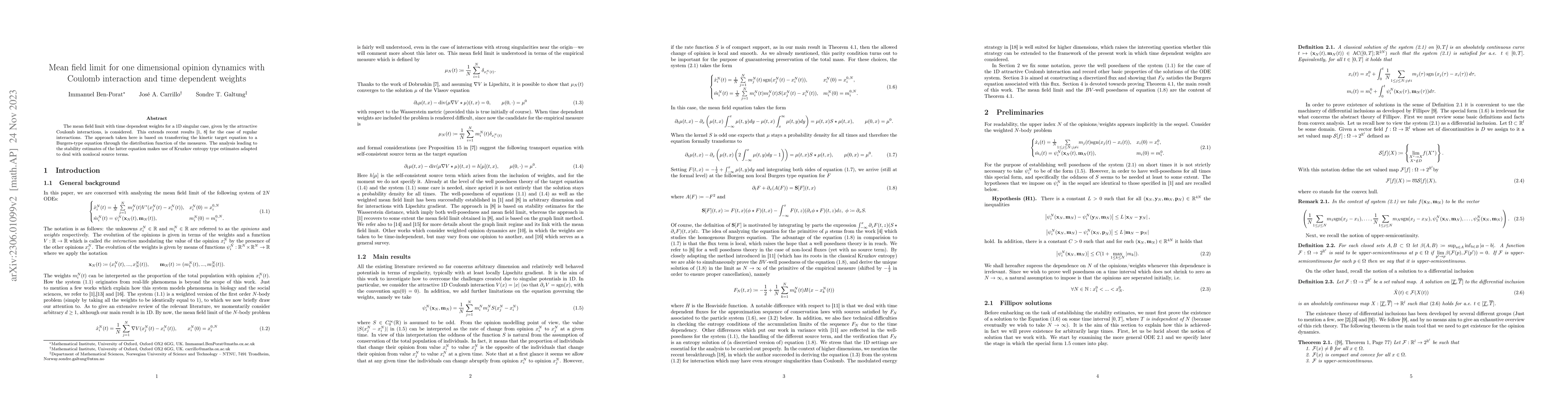 Thumbnail for Mean field limit for one dimensional opinion dynamics with Coulomb
  interaction and time dependent weights