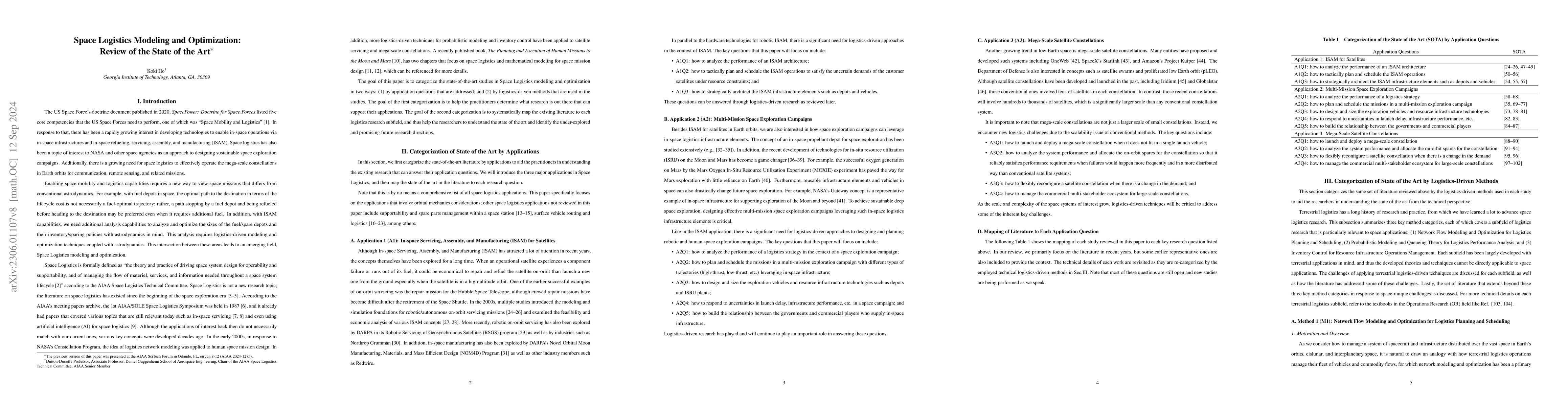 Thumbnail for Modeling and Optimization for Space Logistics: Review of State of the
  Art