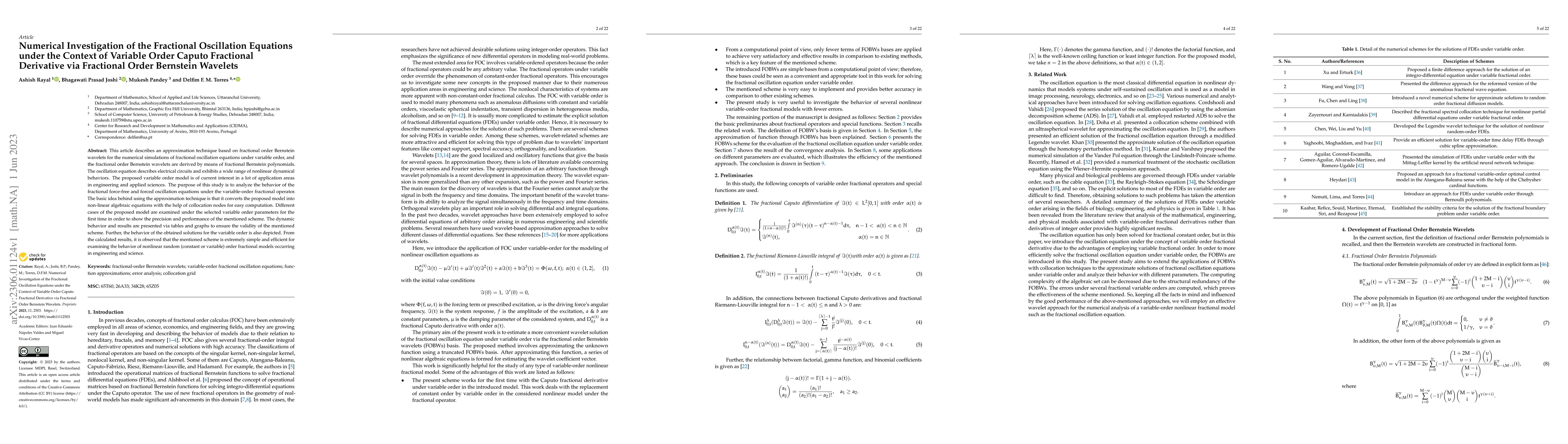 Thumbnail for Numerical Investigation of the Fractional Oscillation Equations under
  the Context of Variable Order Caputo Fractional Derivative via Fractional
  Order Bernstein Wavelets