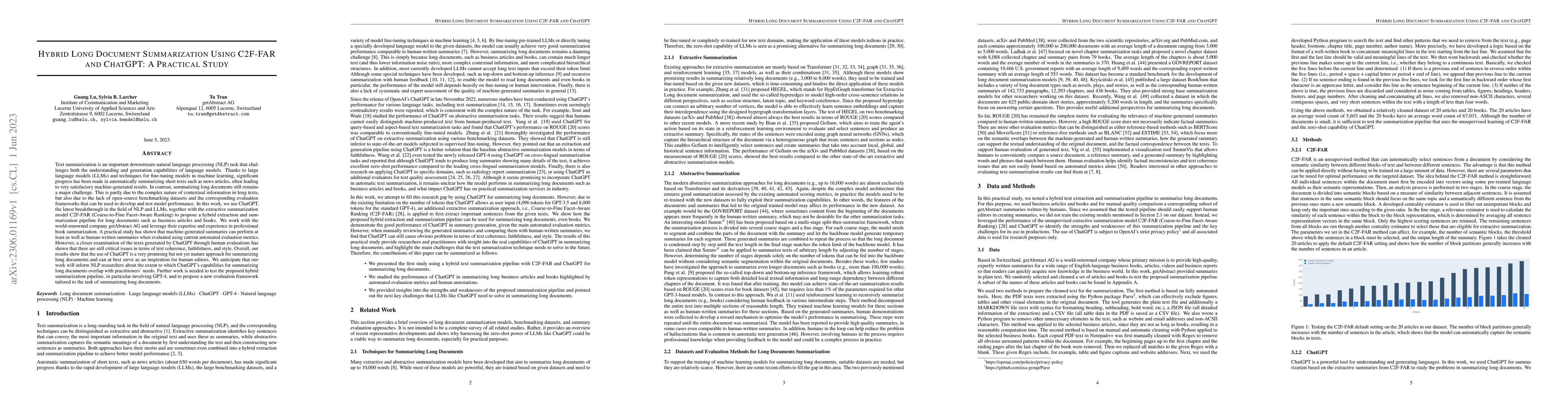 Thumbnail for Hybrid Long Document Summarization using C2F-FAR and ChatGPT: A
  Practical Study