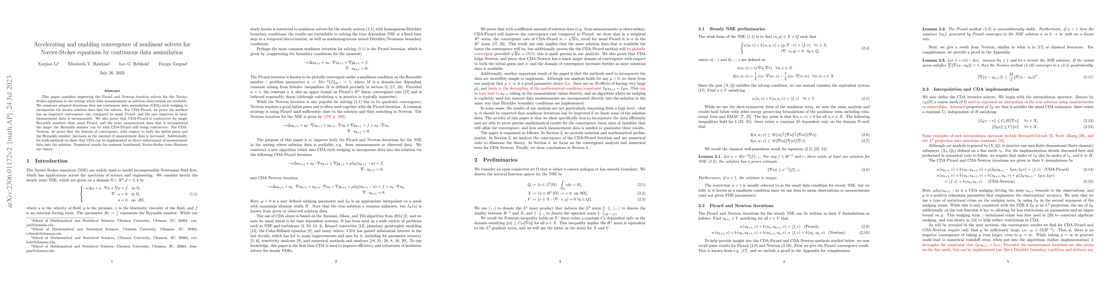 Thumbnail for Accelerating and enabling convergence of nonlinear solvers for
  Navier-Stokes equations by continuous data assimilation