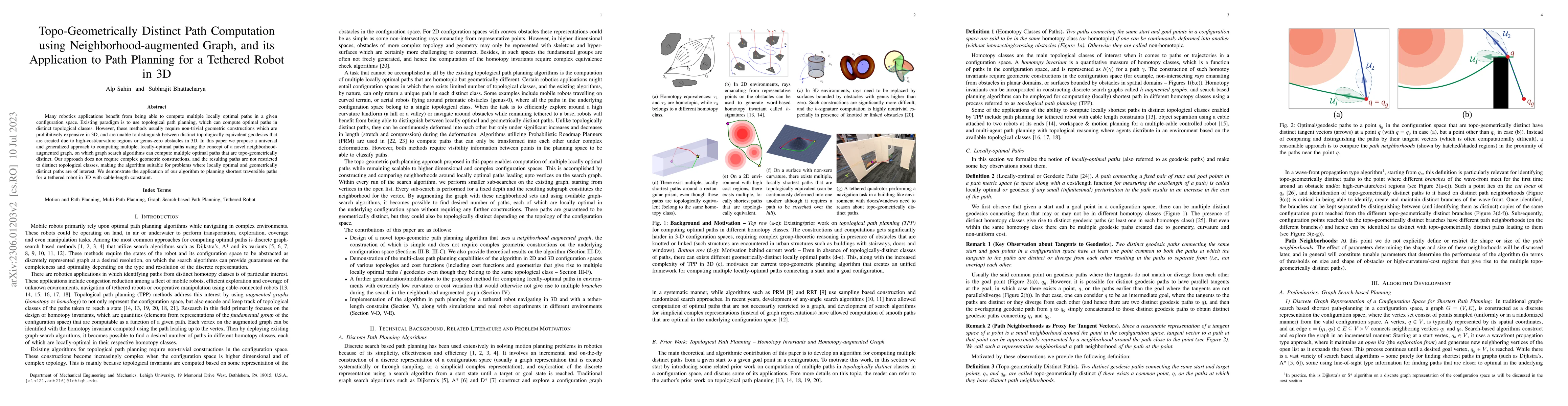 Thumbnail for Topo-Geometrically Distinct Path Computation using
  Neighborhood-augmented Graph, and its Application to Path Planning for a
  Tethered Robot in 3D